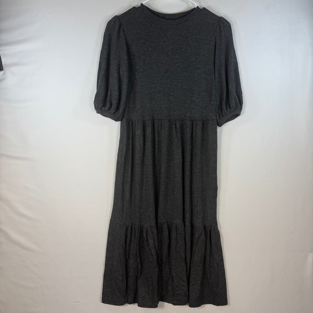 Velvet by Graham & Spencer Gray Tier Puff Sleeve Midi Dress XS Charcoal Viscose